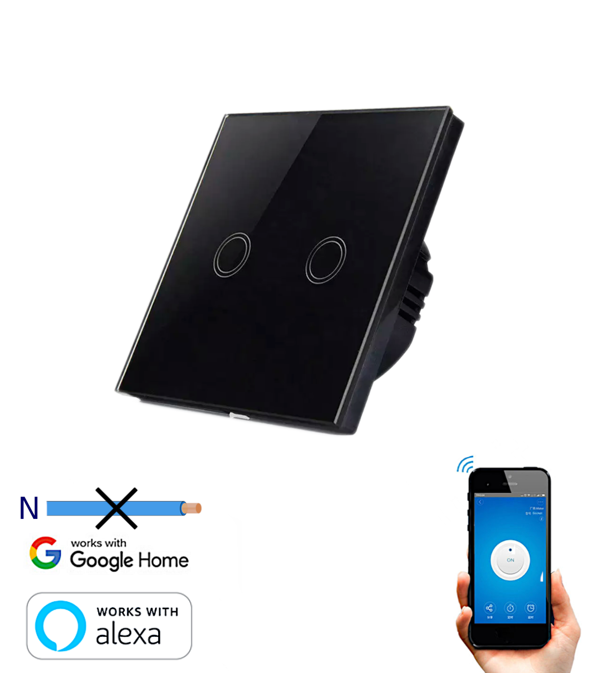 Switch Interruptor Wifi Sin Neutro 2 Táctil Google Home Echo