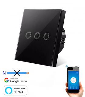 Interruptor inteligente WiFi Sin Neutro Táctil Triple Negro